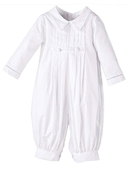 Baby Boys White Pleated Long Sleeve Baptism Romper Hat Set Newborn-24M - SophiasStyle.com